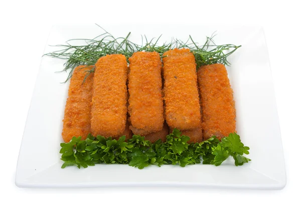 Fish sticks with parsley and dill on a white plate. Isolated on — Stock Photo, Image