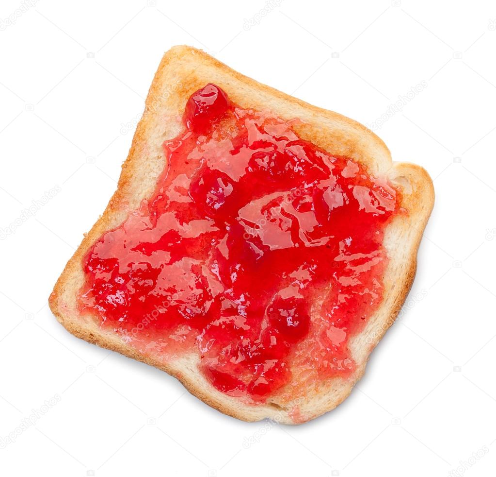 Slice of toast bread with jam isolated on a white. Top view. Stock