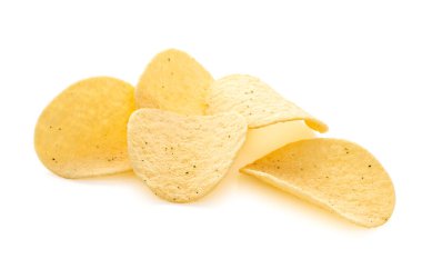 Heap of potato chips, crisps isolated on white background. 