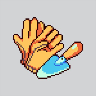 Pixel art illustration Garden Gloves. Pixelated Garden Trowel. Gardening Gloves and Trowel Icon pixelated for the pixel art game and icon for website and video game. old school retro.