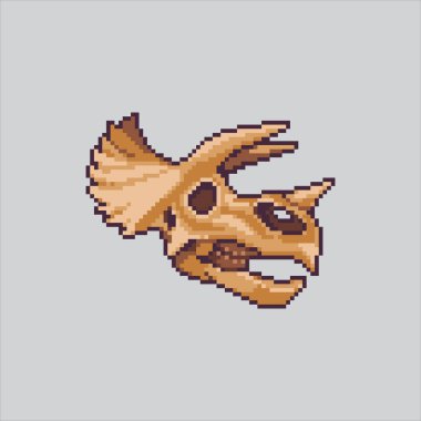 Pixel Sanat Çizimi Triceratops Kafatası. Pixelated Triceratops Fossil. Stone Icon 'daki Triceratops Skull Fossil piksel resim oyunu için piksellendi ve web sitesi ve video oyunu için ikon oluşturuldu. Eski okul retro.