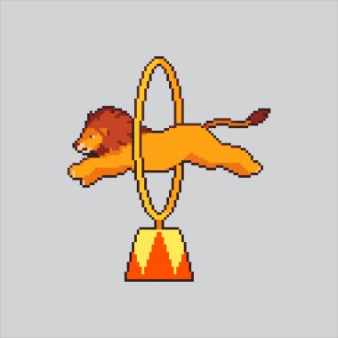 Piksel Sanat Çizimi Sirk Aslanı. Pixelated Jumping Lion. Circus Jumping Hoop Lion Simgesi, piksel resim oyunu ve web sitesi ve video oyunu simgesi için renklendirildi. Eski okul retro.