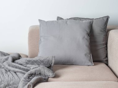 İçi bej renkli kadife bir kanepe, gri kadife yastıklar ve gri örtülü battaniye ile kaplı. Tarafsız tonlar ve dokular sıcak, davetkar bir ev dekoru sahnesi yaratır.