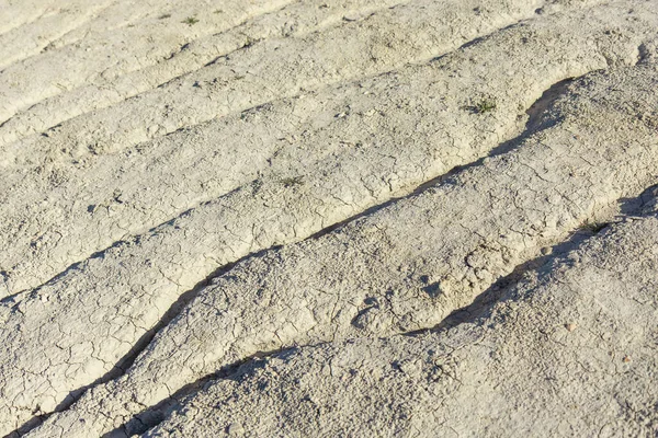 Açık bej gri toprak, kuraklık, küresel ısınma, çölleşme ve çevresel değişiklikleri gösteren, güneşten kavrulmuş, derin çatlakları gösteren detaylı, tam kare bir yakın çekim.