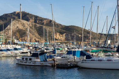Cartagena, İspanya - 31 Ocak 2026: Kartagena Limanı 'nda çok sayıda yelkenli, ahşap güverte ve Akdeniz kıyısında uzak bir deniz feneri ile dolu marina