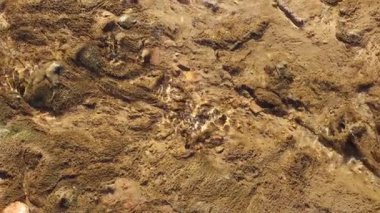 Detaylı bir yüksek açı görüntüsü, İspanya 'da kayalık ve kumlu bir nehir yatağının üzerinden akan sığ, temiz bir su görüntüsü yakalar. Altın güneş ışığı zeminde parlak, yakıcı desenler oluşturur.