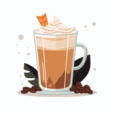 Krem şantili karamel latte ve beyaz arka planda cam bardakta gofret çubuğu.