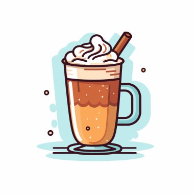 Krem şanti ve tarçın çubuklu sıcak lattenin vektör çizimi