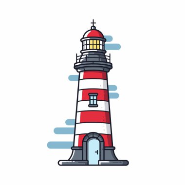 Bir kıyı şeridi üzerindeki uzun kırmızı ve beyaz çizgili deniz feneri kıyı seyrüsefer sağlar.