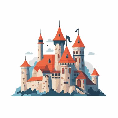 Bulutlu gökyüzünün altında kuleleri ve bayrakları olan güzel fantezi şatosu, dijital illüstrasyon