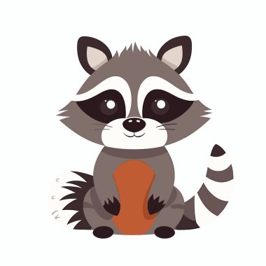 Sevimli rakun karakteri beyaz bir arkaplanda oturup ileriye bakıyor.