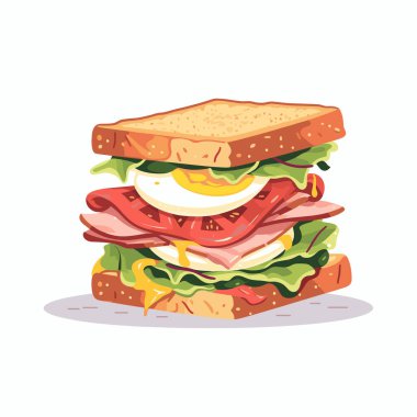 Yumurtalı, jambonlu, domatesli ve kızarmış ekmeğin üzerindeki marul katmanlı lezzetli kulüp sandviçi.