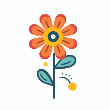 Mavi saplı turuncu çiçek ve beyaz arkaplanda yapraklar, çizgi film tarzı