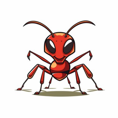 Çizgi karınca ayakta duruyor ve beyaz arka plana gülümsüyor.