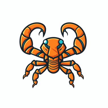 Bacakları ve pençeleri segmentli turuncu çizgi film akrebi beyaz arka planda poz verir