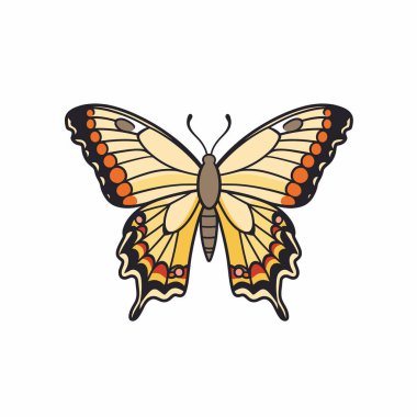 Kanatlarında turuncu ve siyah noktalar olan güzel sarı kelebek desenini gösteriyor.