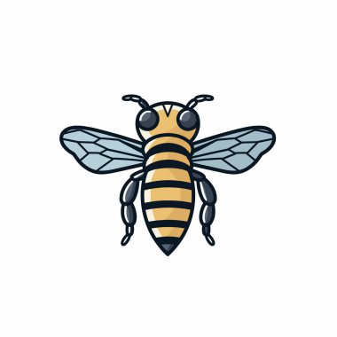 Siyah çizgili çizgi film bal arısı ve beyaz arkaplanda şeffaf kanatlar