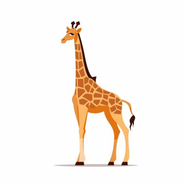 Çizgi film zürafası dik duruyor, eşsiz desenini ve uzun boynunu sergiliyor.