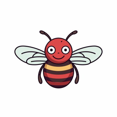 Çizgi film bal arısı kırmızı vücutlu ve çizgili gülümseyen beyaz kanatlı