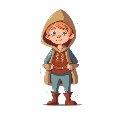 Ortaçağ kostümlü çizgi film çocuğu gülümsüyor ve kapüşonlu pelerin giyiyor.