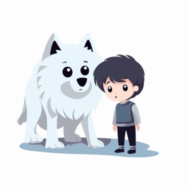 Beyaz arka planda büyük beyaz tüylü bir köpeğin yanında duran küçük çocuk.