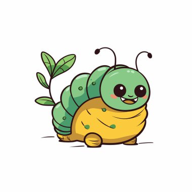 Sırtında bir yaprak olan çizgi film tırtılı beyaz arka planda gülümsüyor.