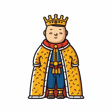 Çizgi film kralı altın tacıyla ve beyaz arka planda sarı desenli peleriniyle duruyor.