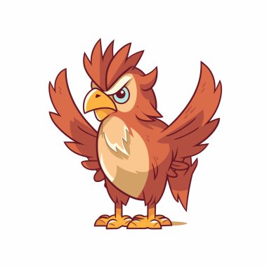 Çizgi film karakteri kızgın yüz ifadesi ve kahverengi tüyleri kanatlarını açıyor.