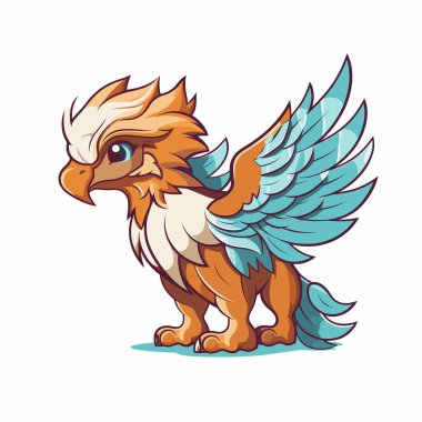 Beyaz arka planda mavi kanatlı şirin bir Griffin çizgi filmi.