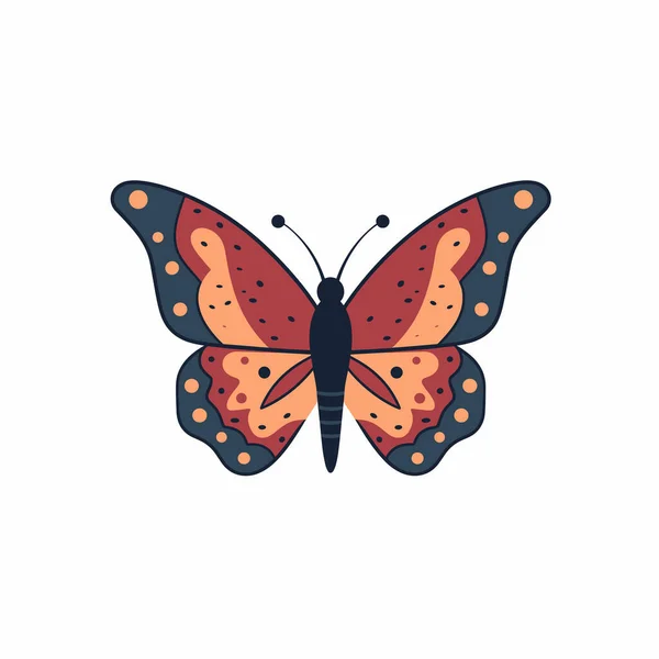 Kırmızı, turuncu ve mavi renkli simetrik kanatlı kelebek çizimi