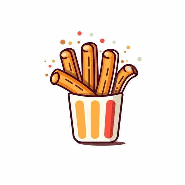 Çizgi film tarzı patates kızartması beyaz arka planda renkli serpiştirilmiş kağıt bardakta.