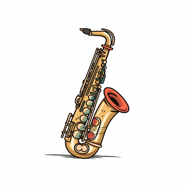 Çizim, beyaz arka planda sarı ve kırmızı bir saksafon gösteriyor.