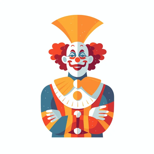 Turuncu saçlı, şapkalı, kolları katlanmış gülümseyen mutlu bir palyaço.
