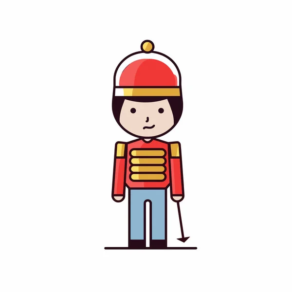 Oyuncak asker beyaz arka planda kırmızı ve altın rengi üniformayla hazır bekliyor.