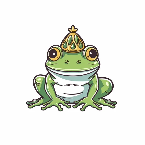 Beyaz arka planda oturan altın kaplama takan yeşil kurbağa.