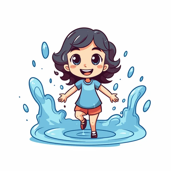 Su birikintisinde oynayan kız su sıçratır, neşeli bir günde neşeyle güler.