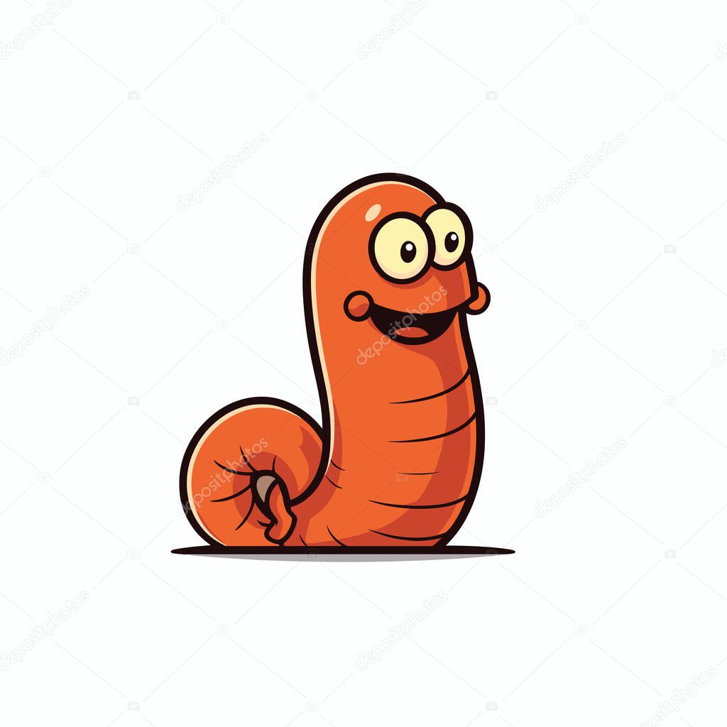 Cartoon orange worm happily smiling with big googly eyes, isolated on white background
