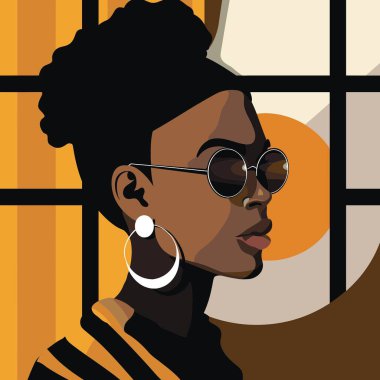 Profilde genç bir Afrikalı kadının tasviri. Yuvarlak güneş gözlüğü ve büyük bir halka küpe takıyor ve arka planda sıcak bir tonu var. Tarzı grafiksel ve modern.