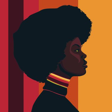 Afro saçlı siyahi bir kadının profili canlı ve renkli bir geçmişe sahip. Boynuna çok renkli bir boyunluk takıyor. Portrede koyu ten ve zarif özellikler sergileniyor..