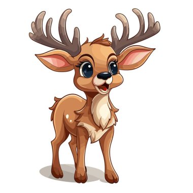 Geyik boynuzları olan ve gülümseyen dost bir çizgi film geyiği. Geyik beyaz benekli açık kahverengidir. Beyaz arka planda büyük mavi gözleri ve büyük kulakları var..