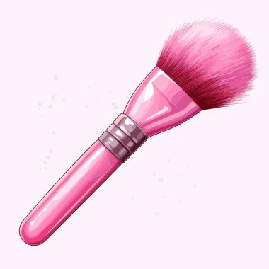 Çizgi film tarzı bir çizim pembe bir makyaj fırçası sunar. Pembe bir sapı ve yumuşak, tüylü pembe tüyleri var. Arka plan soluk pembe..