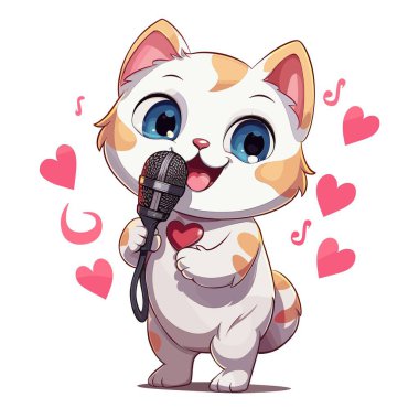 Turuncu benekli beyaz bir kedi yavrusu mikrofona şarkı söylüyor. Etrafında pembe kalpler ve müzik notaları uçuşuyor. Kedi yavrusu gülümsüyor, göğsüne bir kalp dayıyor..
