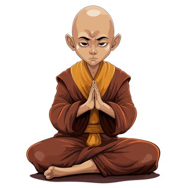 Kahverengi cübbe giyen genç kel bir keşiş ellerini birbirine bastırarak meditasyon pozisyonu alır. Çalışması sırasında ciddi ya da odaklanmış görünüyor..