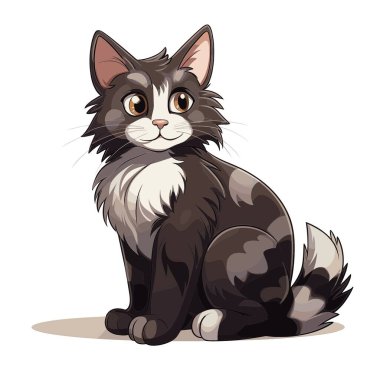 Beyaz arka planda çizgi film stili bir kedi oturuyor. Kedi siyah beyaz kürke ve büyük kahverengi gözlere sahiptir. Rahat ve içerik görünüyor..