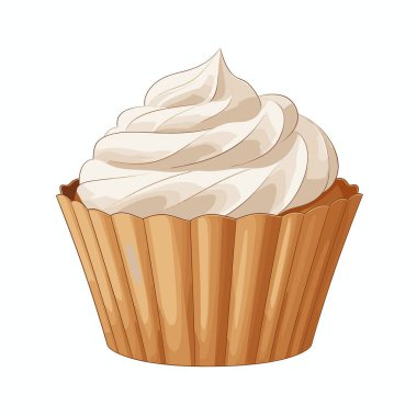 Tatlı bir vanilyalı kek beyaz arka planda durur. Kekin dekoratif kahverengi kâğıt ambalajı var ve üzeri kremalı beyaz kremayla kaplı..