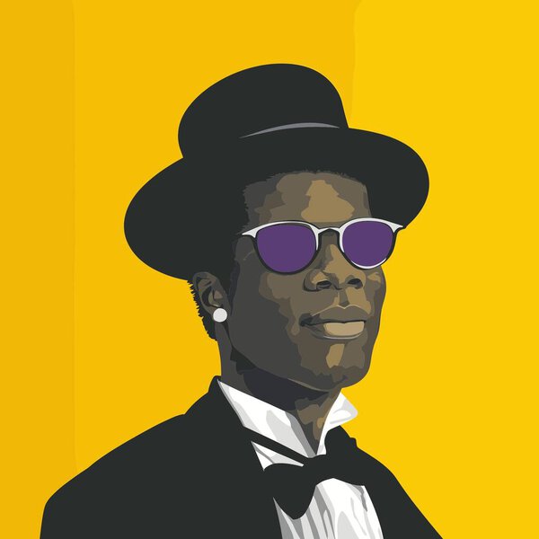 Стилизованный портрет человека в чёрной шляпе, солнцезащитных очках и костюме с бабочкой стоит на жёлтом фоне. У него серьга в одном ухе..