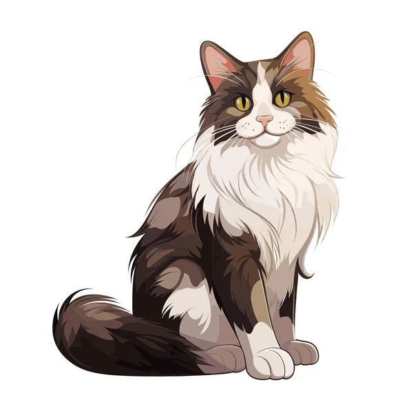 Kahverengi ve beyaz bir Rakun kedisi öne doğru oturur. Beyaz pençeleri, beyaz bir göğsü ve beyaz bir arka planda tüylü kahverengi ve beyaz kuyruğu olan sarı gözleri vardır..