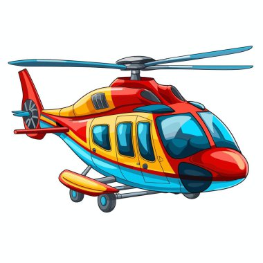 Renkli bir çizgi film helikopteri beyaz bir arkaplan üzerinde yüzüyor. Helikopter pervanesi ve pencereleri olan kırmızı, sarı ve mavidir. Bu bir yan görüş..