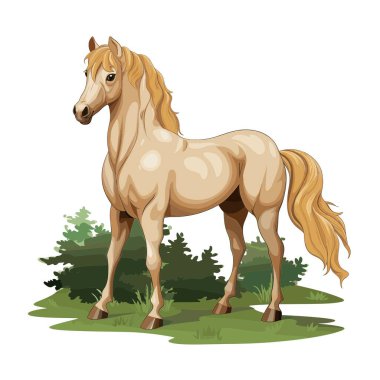 Açık tenli bir at yeşil bir alanda zarifçe duruyor. Arkasında koyu yeşil çalılar var. Bu bir karikatür ya da resimli tasvir..