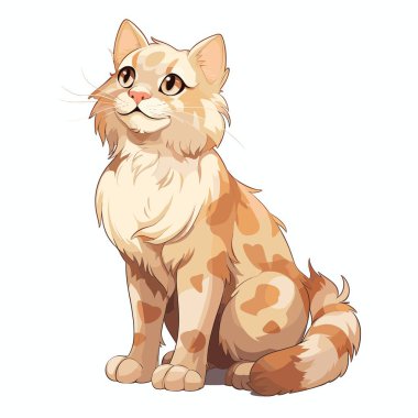 Çizgili kuyruklu turuncu bir tekir kedi oturuyor. Kedi daha koyu turuncu benekli ve krem kürklü açık turuncudur. Büyük kahverengi gözleri ve pembe bir burnu var..